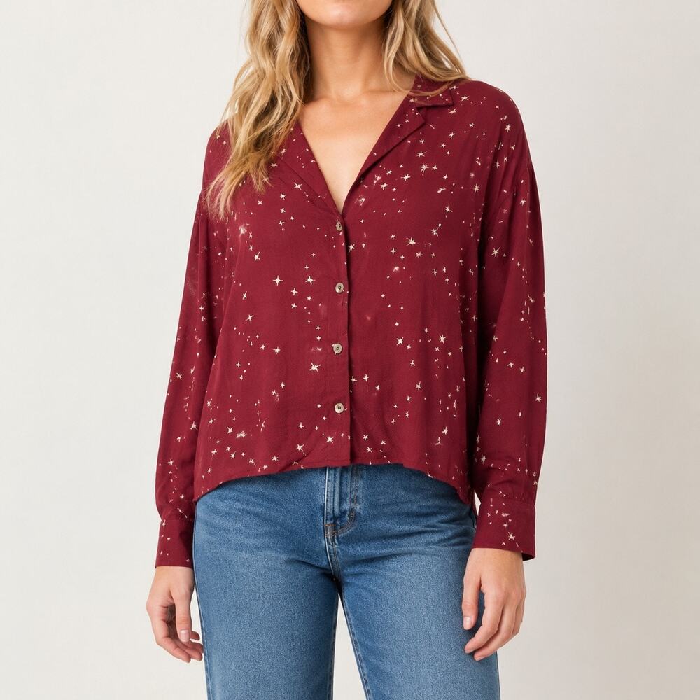 O’Neill Burgundy Celestial Star Print Button Down Blouse S